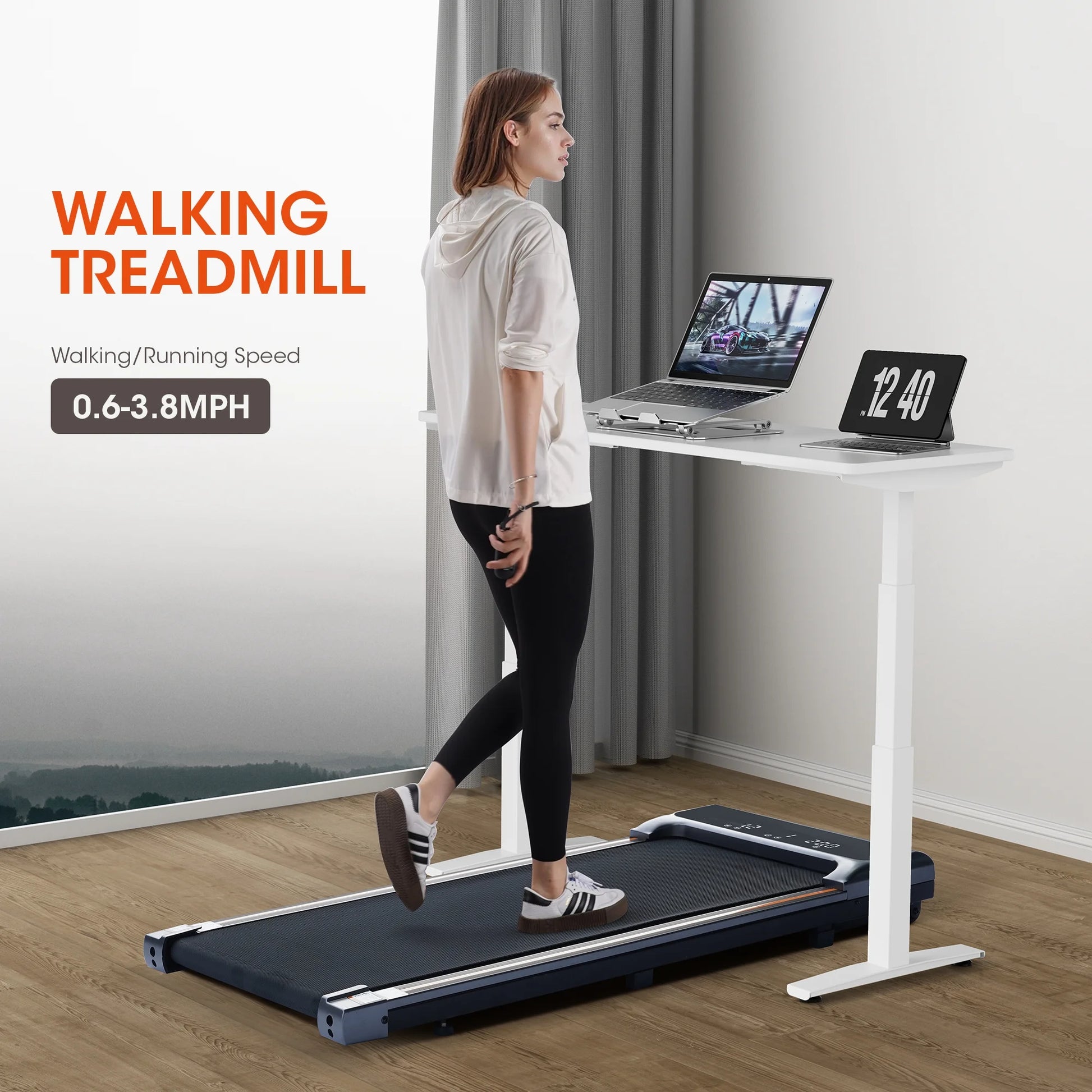 Treadmill 2 in 1Walking Pad for Walking and Jogging 0.6 to 3.8 Speed Range 2.25HP Lightweight under Desk Treadmill for Home Office with Remote Control LED Display
