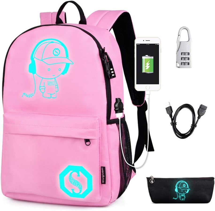 School Backpack for Teen Boy Girl, Anime Luminous Backpack Waterproof Student Bookbag with USB Charging Port&Lock &Pencil Case, 15.6'' Laptop Bag Anti-Theft Lightweight Travel Daypack, Pink