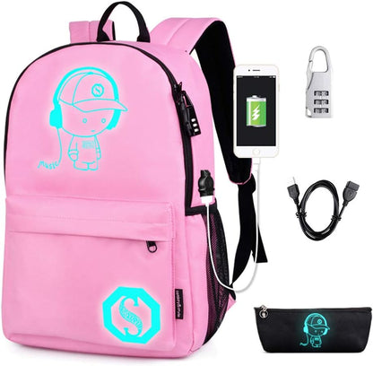 School Backpack for Teen Boy Girl, Anime Luminous Backpack Waterproof Student Bookbag with USB Charging Port&Lock &Pencil Case, 15.6'' Laptop Bag Anti-Theft Lightweight Travel Daypack, Pink